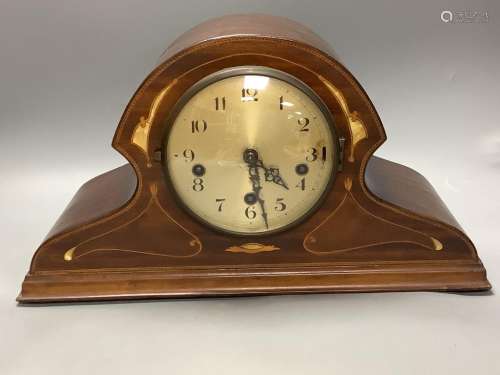 An Edwardian inlaid mahogany cased mantel clock, width 44cm,...