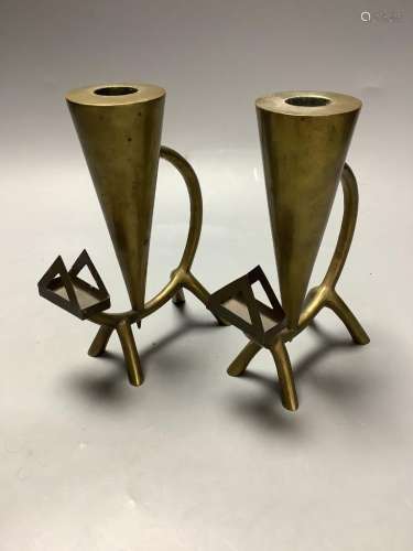 A pair of mid century brass 'cat' candlesticks, height 16.5c...