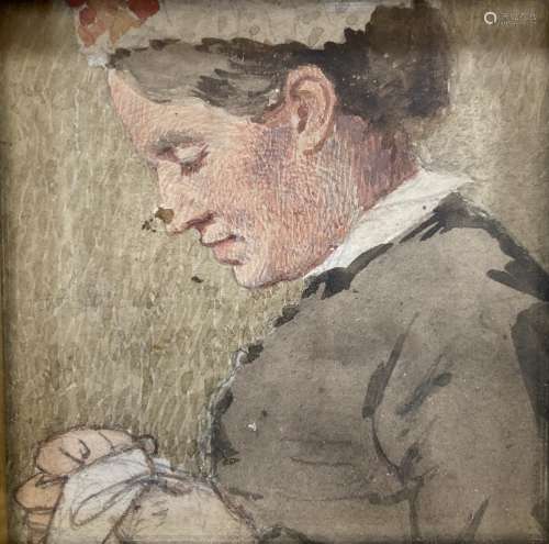 Victorian School, watercolour, Study of a woman sewing, 7 x ...