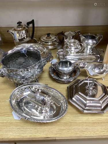 A collection of plated items, including a three-piece tea se...