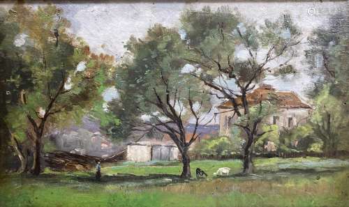 French School, oil on panel, French farm with goats beneath ...