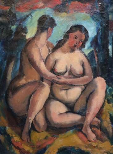 Robert Baker (1902-1992)Nude couple in a landscapeOil on can...