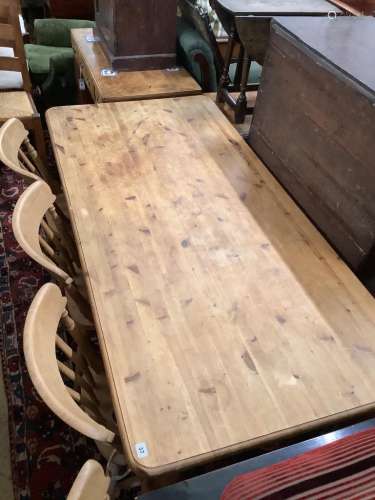 A Victorian style rectangular pine kitchen table, length 180...