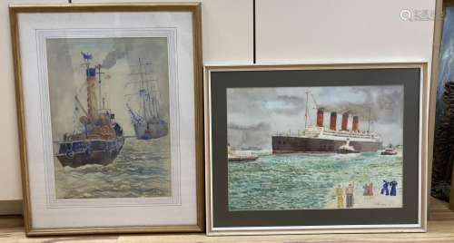 Noel Mostert, watercolour, Aquitania coming into harbour, si...