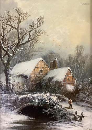 W. Stone, oil on canvas board, Cottages in winter, signed, 3...