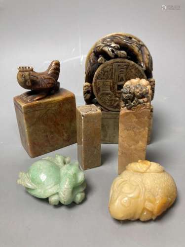 Six various Chinese jadeite and soapstone carvings, tallest ...