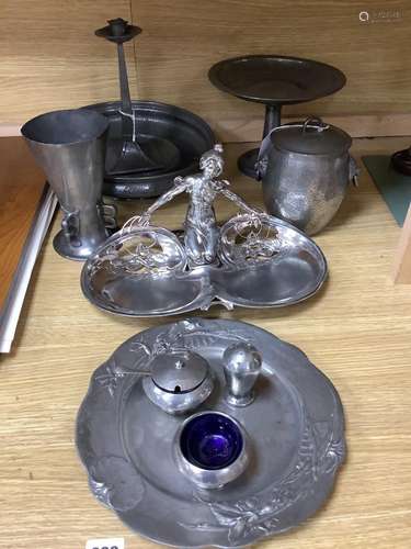 Tudric pewter wares - a Rose Bowl, a comport, a jar and cove...