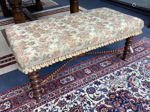 A Victorian bobbin turned walnut stool, length 116cm, depth ...