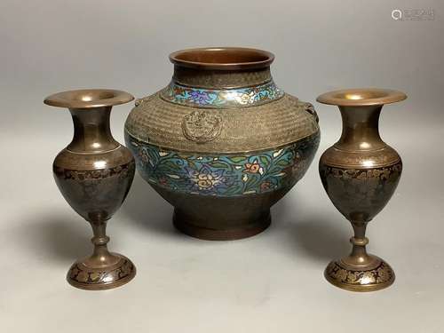 A Japanese champleve enamel bronze vase and a pair of Indian...