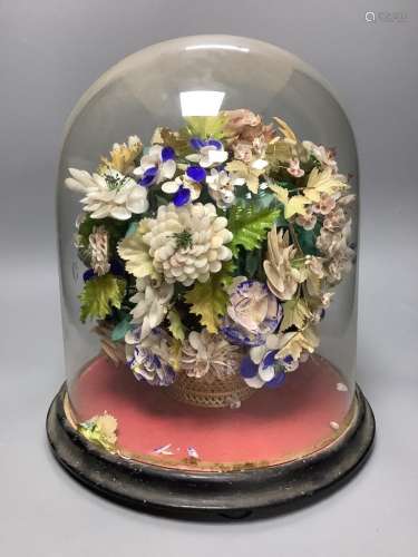 A Victorian floral shell display under dome, height 34cm