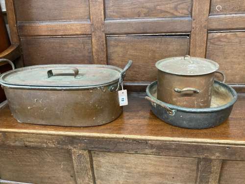 Two Victorian copper pans and a preserve pan, largest 59cm w...