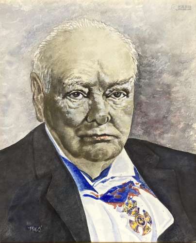 English School, watercolour, Portrait of Winston Churchill, ...