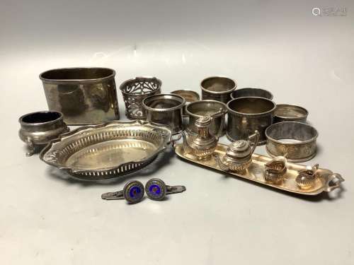 Small silver including nine napkin rings, hip flask cup, min...