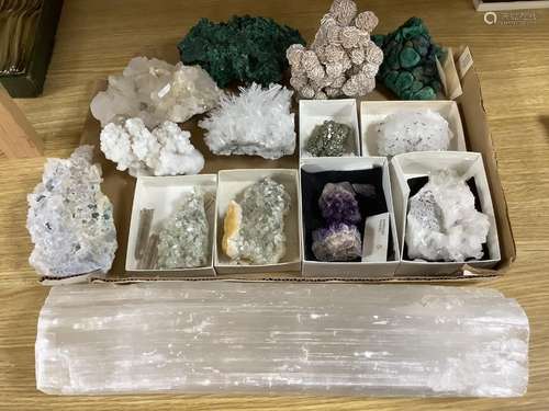 A group of mineral specimens, including two malachite specim...