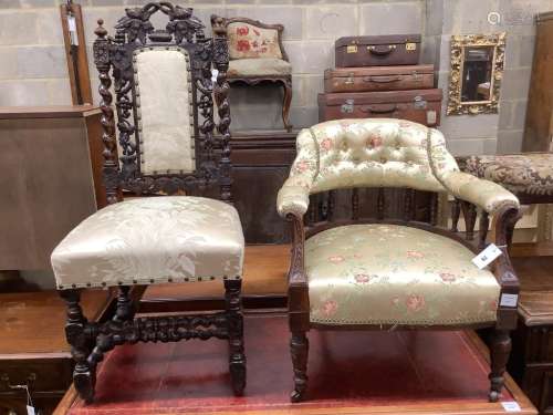 An Edwardian walnut tub chair and a vineous carved dining ch...