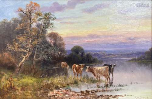 Charles W. Oswald (fl.1892-1900), oil on canvas, Cattle wate...