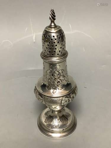 A George III silver baluster caster, with later embossed dec...