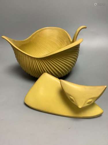 A Jonathan Adler large leaf-shaped pottery bowl and a figure...
