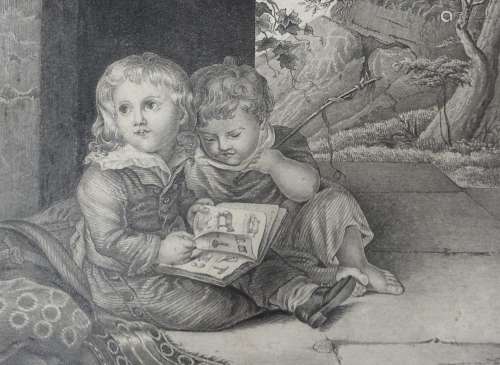 19th century English School, pencil drawing, Study of two ch...