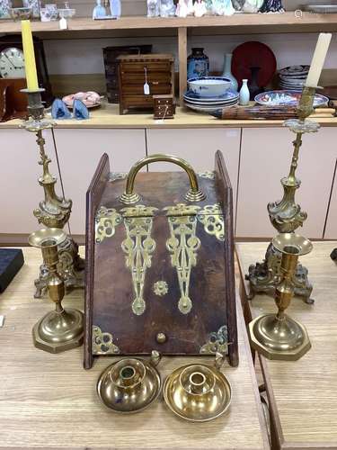 A Victorian brass bound walnut coal scuttle together with tw...