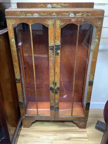 A walnut and chinoiserie display cabinet, width 70cm depth 2...