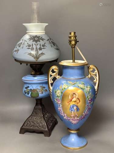 A French porcelain blue ground vase (converted to electricit...