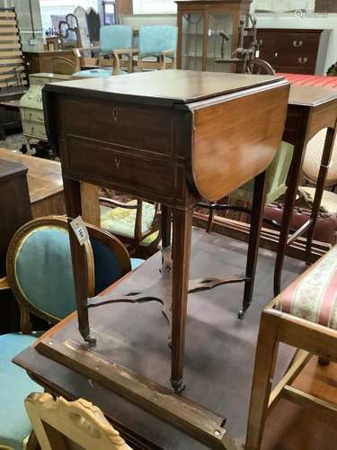 A George III inlaid mahogany drop flap work table, 77cm exte...