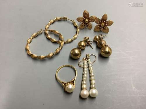 Three pairs of modern 9ct earrings and a 9ct gold and cultur...