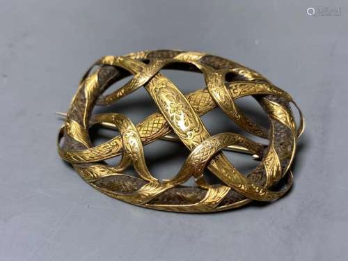A Victorian engraved yellow metal mounted plaited hair inter...