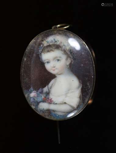 A Georgian miniature oval watercolour portrait of a child wi...