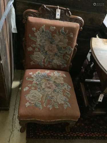 A Victorian carved walnut sewing chair, width 50cm, depth 60...