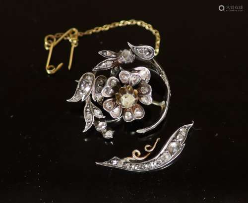 A 19th century gold, silver and rose cut diamond set foliate...