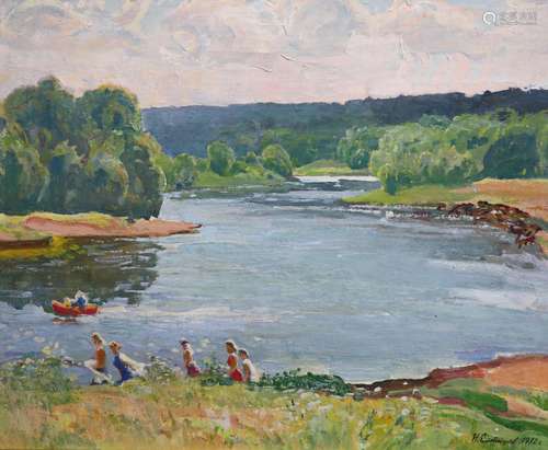 Nikolai Eltyshev (Russian), oil on canvas, Fun by the river,...