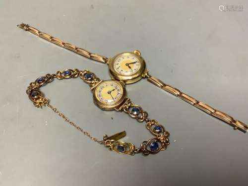 A lady's 1920's 18ct gold manual wind wrist watch, on a 15ct...