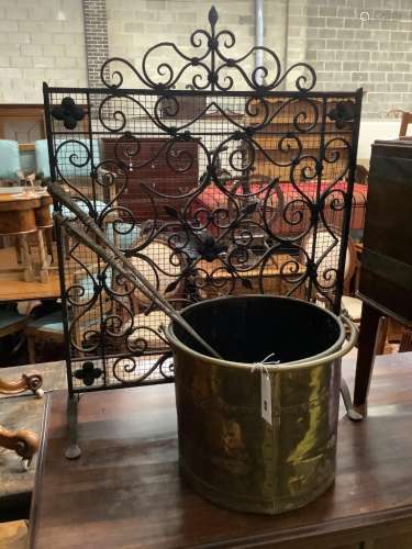 A riveted brass coal bucket, fire screen and other fireside ...