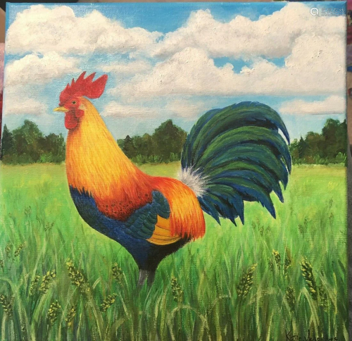 Original Oil Painting Rooster Field