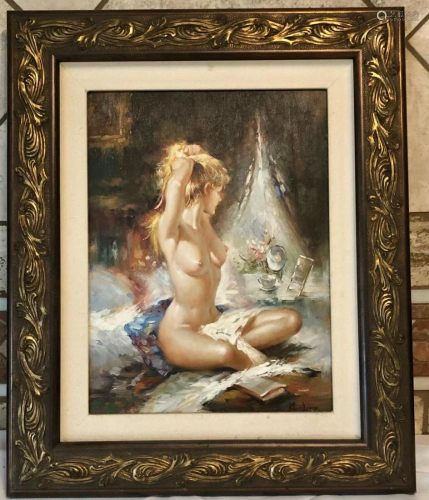 Oil on Canvas Seated Female Nude Figure