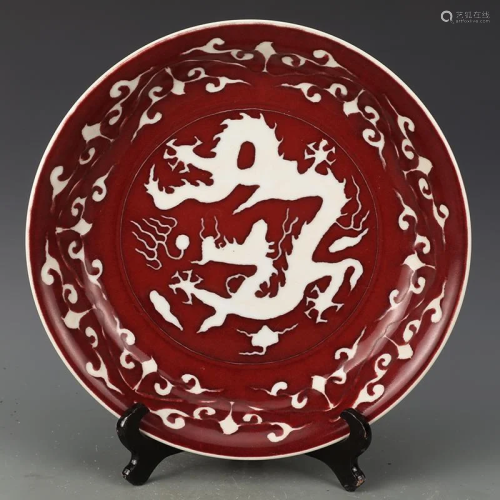 Ming dynsty red plate with white dragon painting