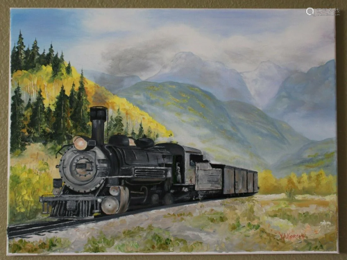 Oil Painting Locomotive in Mountains Landscape Original