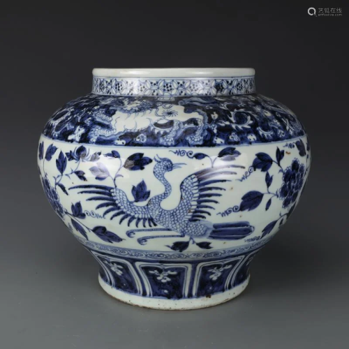 Yuan dynasty blue glaze pot with peony and phoenix