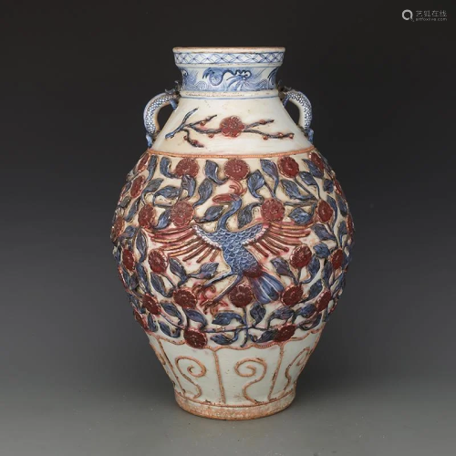 Yuan dynasty flower base pot with phoenix carving