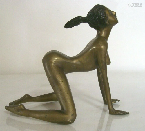 Vintage Nude Girl Sculpture Ponytail Woman Solid Bronze