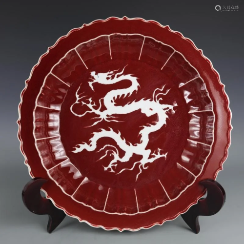 Yuan dynasty red glaze plate with white dragon painting