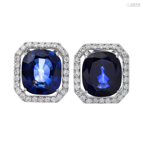 18k White Gold - 43.51tcw - Sapphire & Diamond Earrings