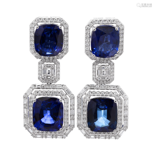 18k White Gold - 52.68tcw - Sapphire & Diamond Earrings