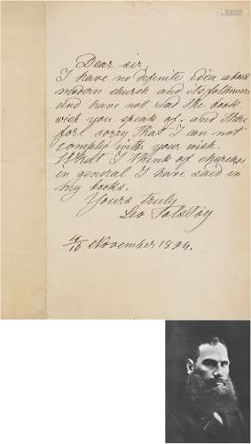 托尔斯泰 （1828～1910） 1894年11月作 英文亲笔信 信笺 一张一页（附...
