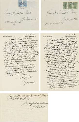 弗洛伊德（1856～1939） 1923年作 关心与安慰学生夫妇的信札二通 信...