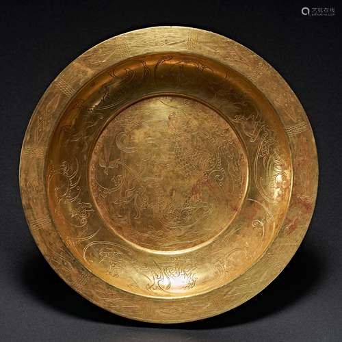 HAN DYNASTY PURE GOLD DRAGON PATTERN GROUP ANIMAL PLATE