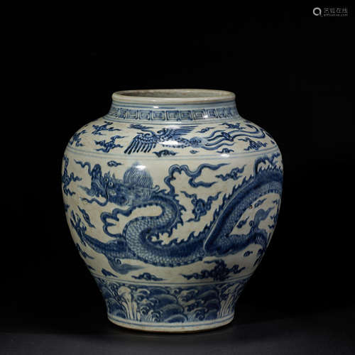 BLUE AND WHITE DRAGON AND PHOENIX PATTERN BIG POT, MING DYNA...