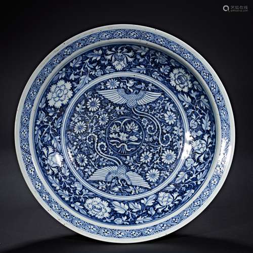 BLUE AND WHITE PHOENIX PATTERN PLATE, MING DYNASTY, CHINA